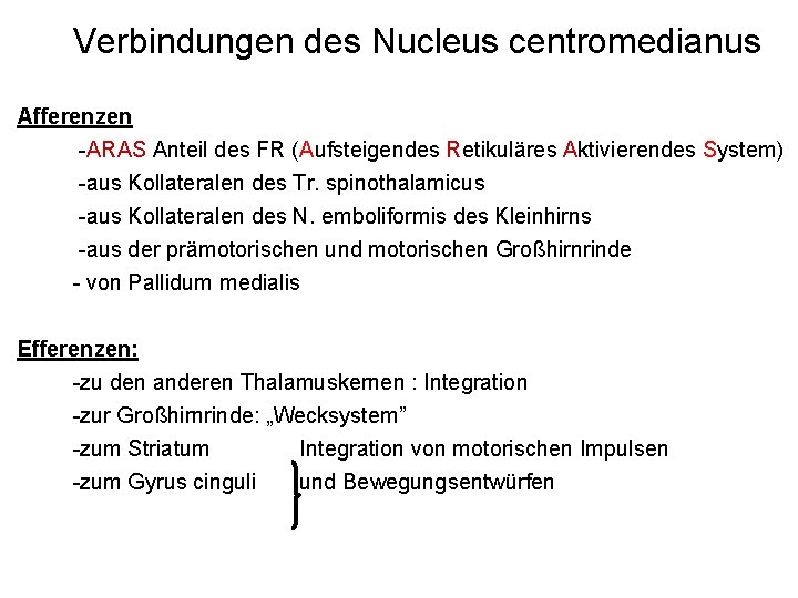 Verbindungen des Nucleus centromedianus Afferenzen -ARAS Anteil des FR (Aufsteigendes Retikuläres Aktivierendes System) -aus