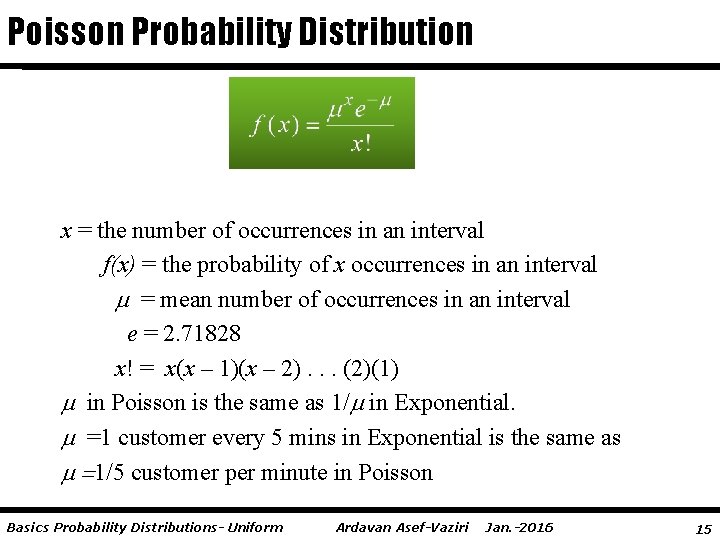 Poisson Probability Distribution x = the number of occurrences in an interval f(x) =
