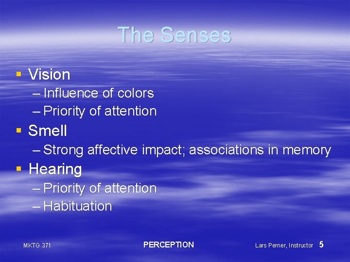 The Senses § Vision – Influence of colors – Priority of attention § Smell