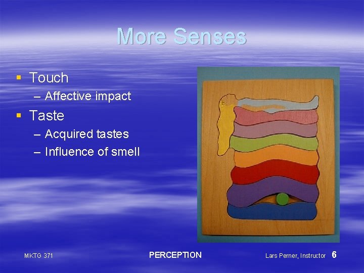 More Senses § Touch – Affective impact § Taste – Acquired tastes – Influence