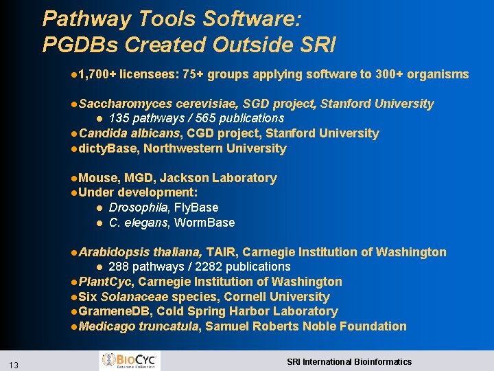 Pathway Tools Software: PGDBs Created Outside SRI l 1, 700+ licensees: 75+ groups applying