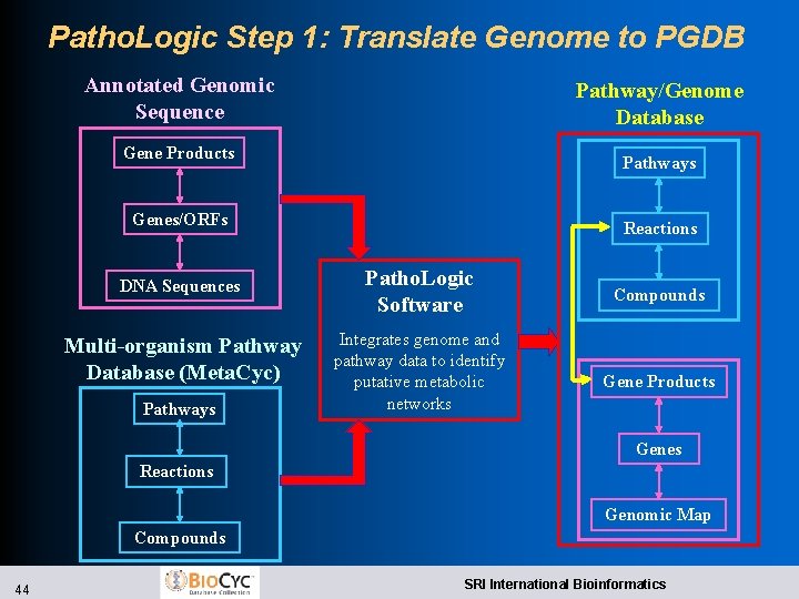 Patho. Logic Step 1: Translate Genome to PGDB Annotated Genomic Sequence Pathway/Genome Database Gene