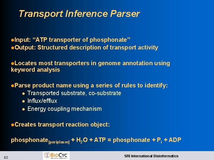 Transport Inference Parser l. Input: “ATP transporter of phosphonate” l. Output: Structured description of