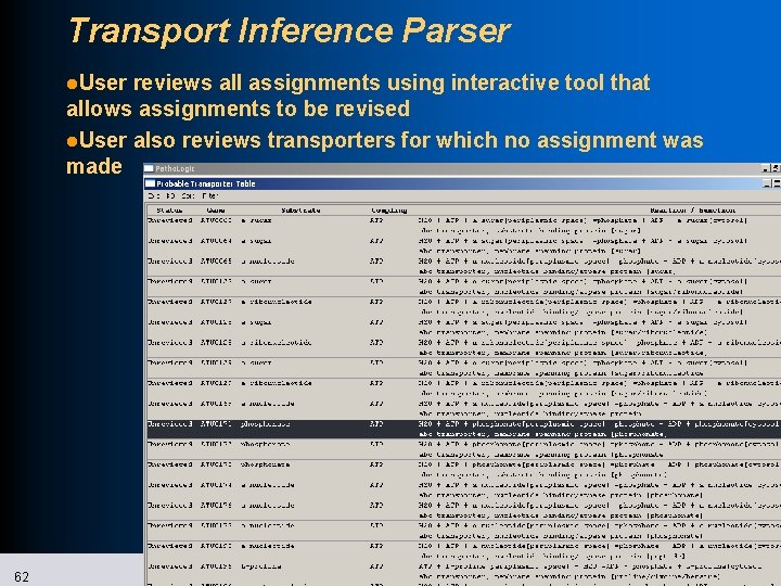 Transport Inference Parser l. User reviews all assignments using interactive tool that allows assignments