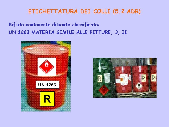 ETICHETTATURA DEI COLLI (5. 2 ADR) Rifiuto contenente diluente classificato: UN 1263 MATERIA SIMILE