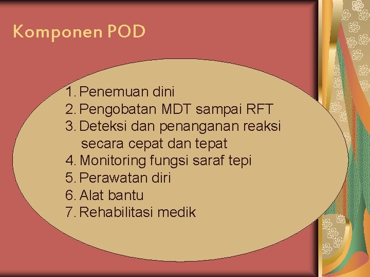 Komponen POD 1. Penemuan dini 2. Pengobatan MDT sampai RFT 3. Deteksi dan penanganan