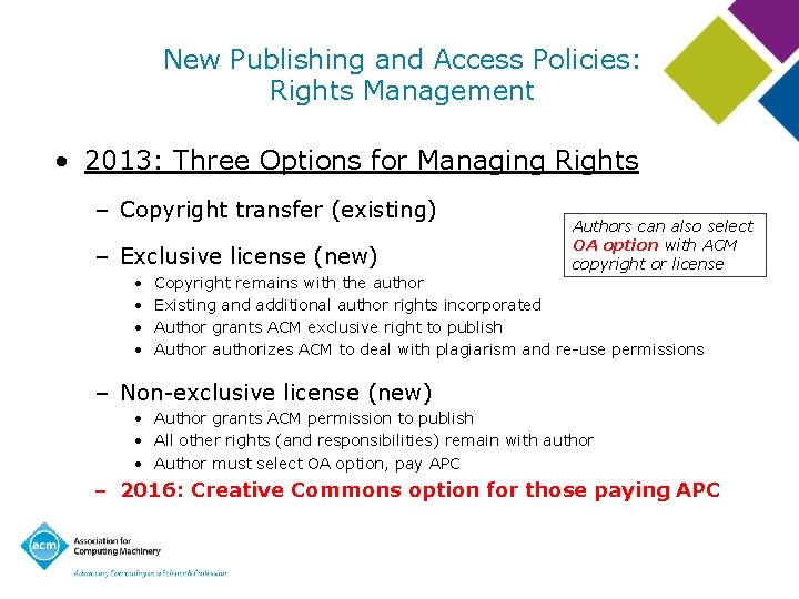 New Publishing and Access Policies: Rights Management • 2013: Three Options for Managing Rights
