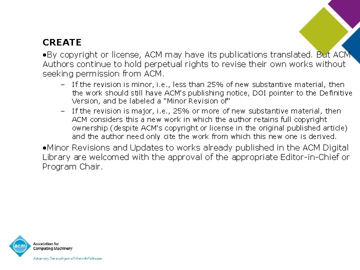 CREATE • By copyright or license, ACM may have its publications translated. But ACM