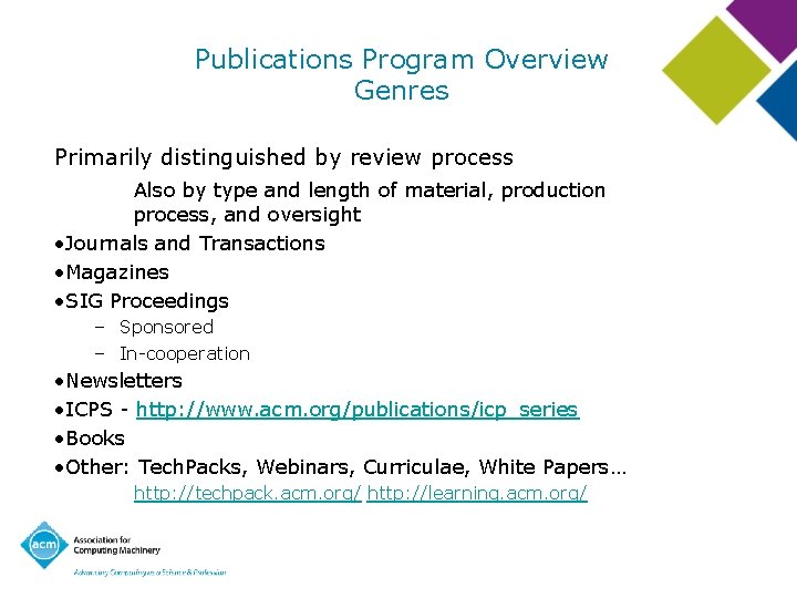 Publications Program Overview Genres Primarily distinguished by review process Also by type and length