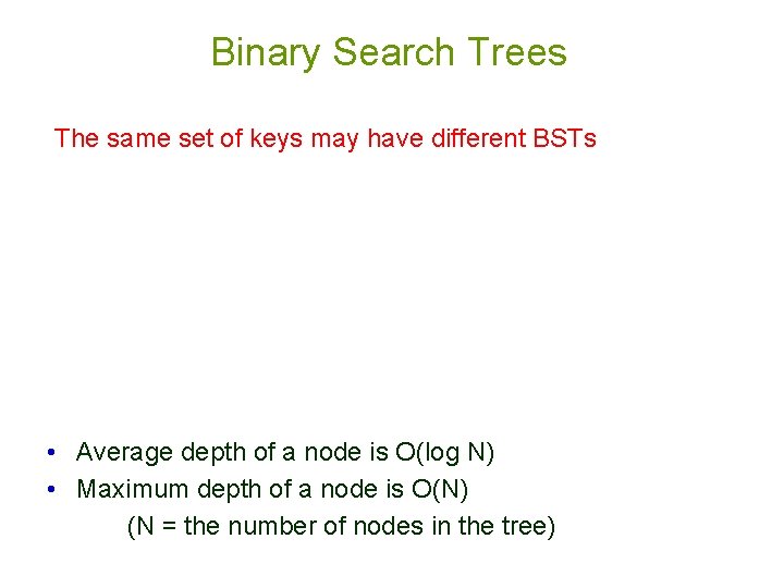 Binary Search Trees The same set of keys may have different BSTs • Average