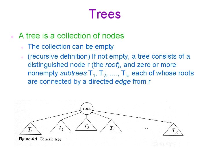 Trees A tree is a collection of nodes The collection can be empty (recursive