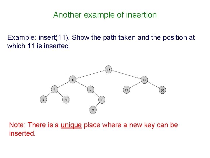 Another example of insertion Example: insert(11). Show the path taken and the position at