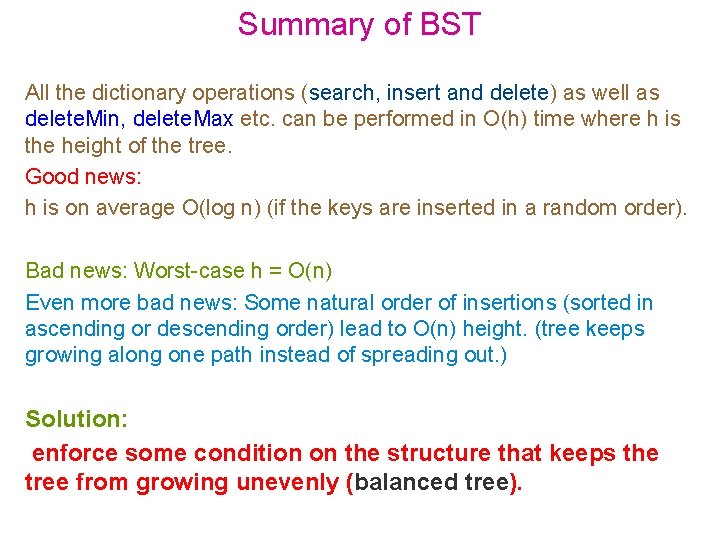 Summary of BST All the dictionary operations (search, insert and delete) as well as