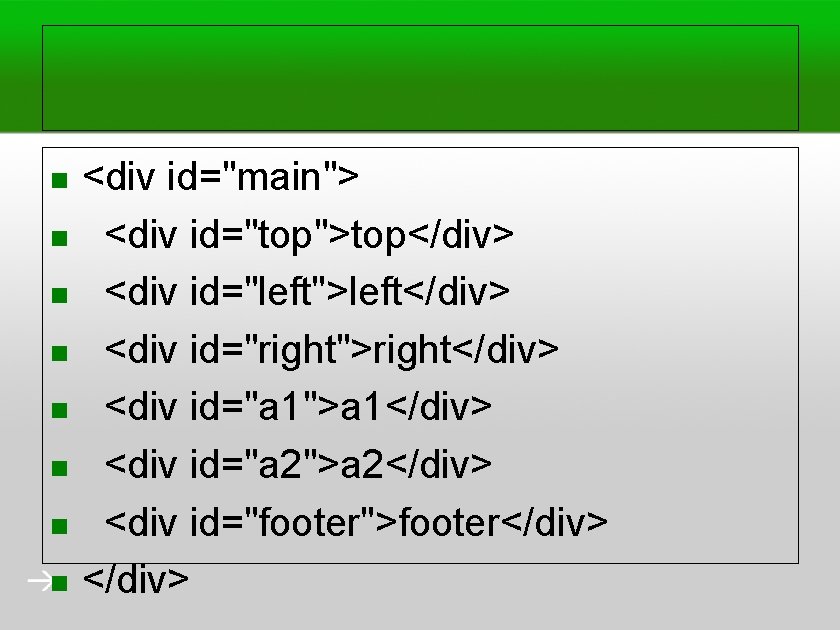 <div id="main"> n <div id="top">top</div> n <div id="left">left</div> n <div id="right">right</div> n <div id="a
