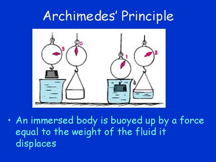 Archimedes’ Principle • An immersed body is buoyed up by a force equal to