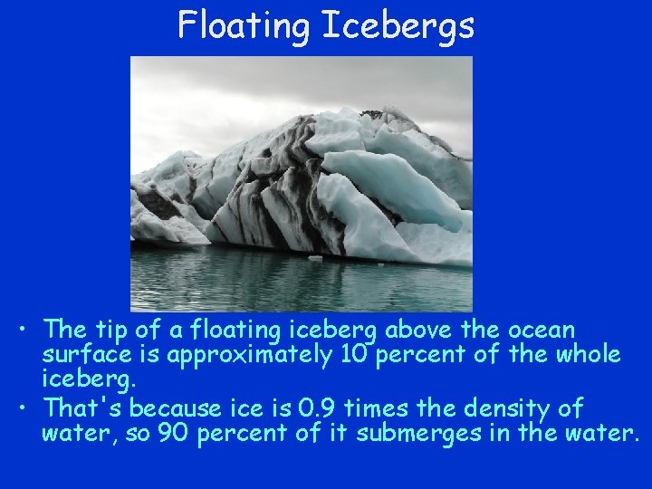 Floating Icebergs • The tip of a floating iceberg above the ocean surface is