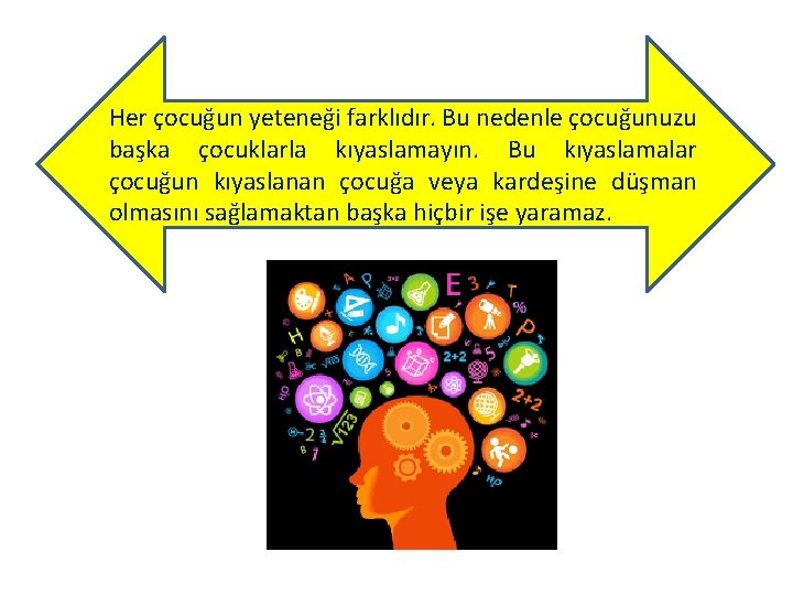 Her çocuğun yeteneği farklıdır. Bu nedenle çocuğunuzu başka çocuklarla kıyaslamayın. Bu kıyaslamalar çocuğun kıyaslanan