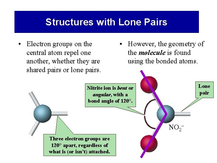 Structures with Lone Pairs • Electron groups on the central atom repel one another,