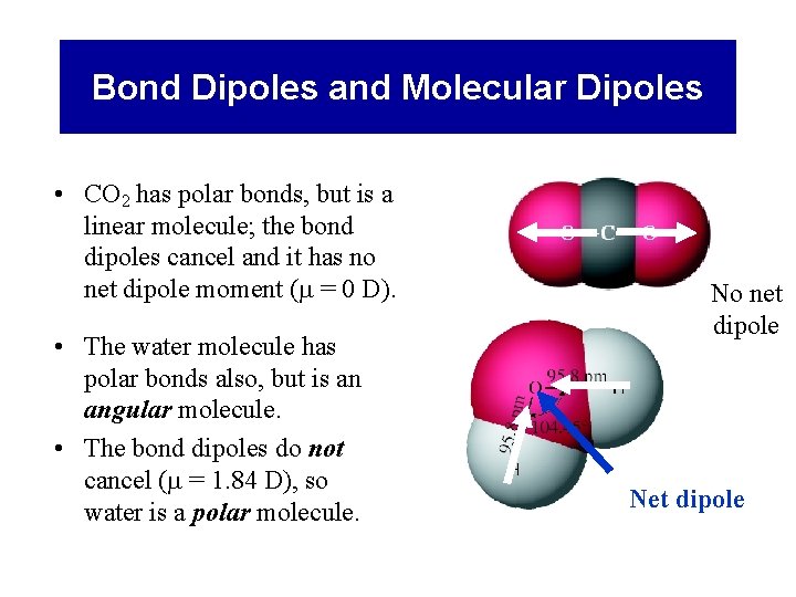 Bond Dipoles and Molecular Dipoles • CO 2 has polar bonds, but is a