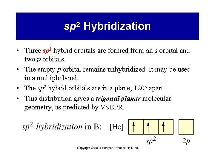sp 2 Hybridization • Three sp 2 hybrid orbitals are formed from an s