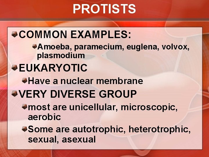 PROTISTS COMMON EXAMPLES: Amoeba, paramecium, euglena, volvox, plasmodium EUKARYOTIC Have a nuclear membrane VERY