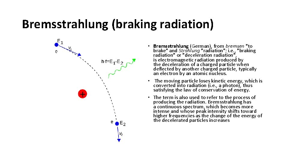 Bremsstrahlung (braking radiation) • Bremsstrahlung (German), from bremsen "to brake" and Strahlung "radiation"; i.