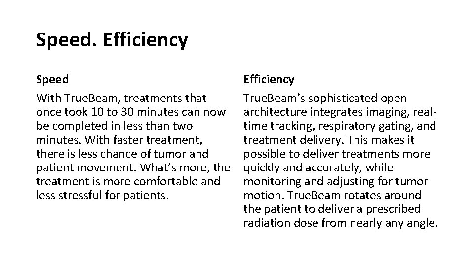 Speed. Efficiency Speed With True. Beam, treatments that once took 10 to 30 minutes