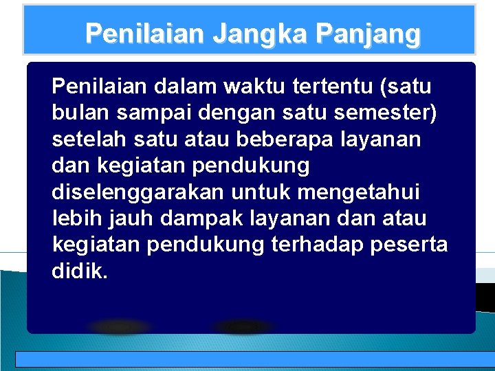 Penilaian Jangka Panjang Penilaian dalam waktu tertentu (satu bulan sampai dengan satu semester) setelah