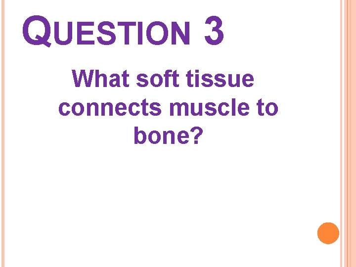 QUESTION 3 What soft tissue connects muscle to bone? 