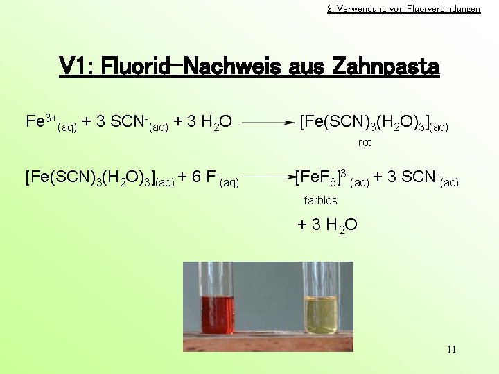 2. Verwendung von Fluorverbindungen V 1: Fluorid-Nachweis aus Zahnpasta Fe 3+(aq) + 3 SCN-(aq)