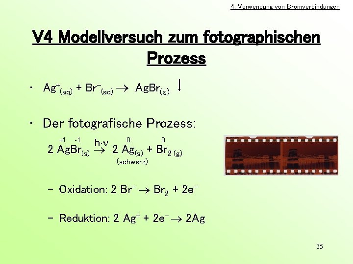 4. Verwendung von Bromverbindungen V 4 Modellversuch zum fotographischen Prozess • Ag+(aq) + Br-(aq)