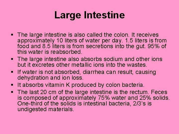 Large Intestine § The large intestine is also called the colon. It receives approximately