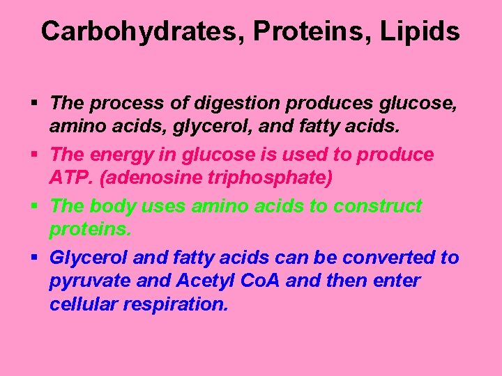 Carbohydrates, Proteins, Lipids § The process of digestion produces glucose, amino acids, glycerol, and