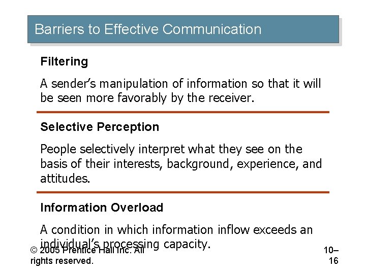 Barriers to Effective Communication Filtering A sender’s manipulation of information so that it will