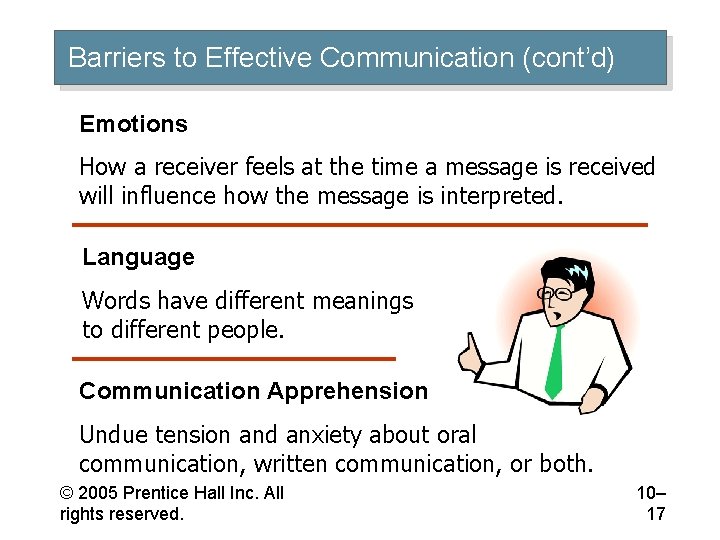 Barriers to Effective Communication (cont’d) Emotions How a receiver feels at the time a