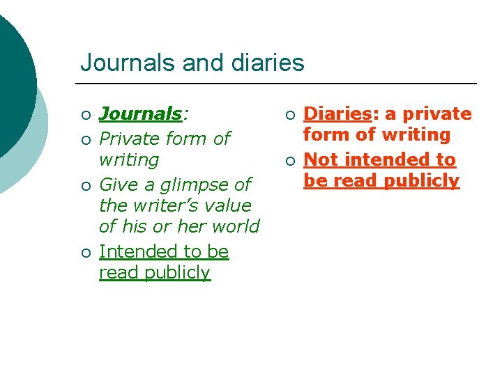 Journals and diaries ¡ ¡ Journals: Private form of writing Give a glimpse of