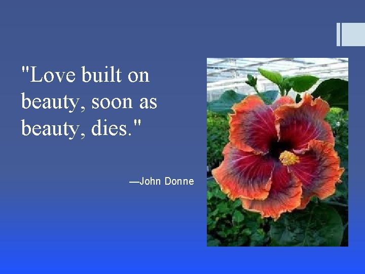 "Love built on beauty, soon as beauty, dies. " —John Donne 