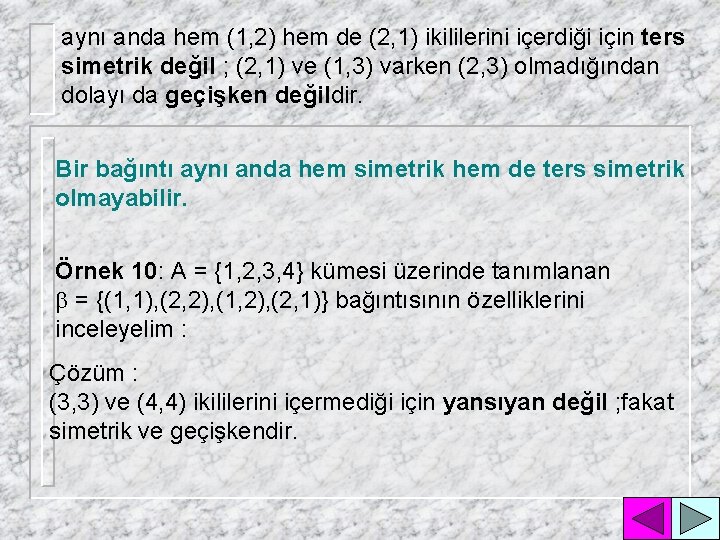 aynı anda hem (1, 2) hem de (2, 1) ikililerini içerdiği için ters simetrik