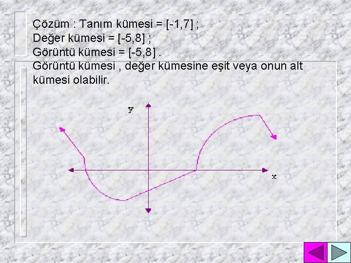 Çözüm : Tanım kümesi = [-1, 7] ; Değer kümesi = [-5, 8] ;