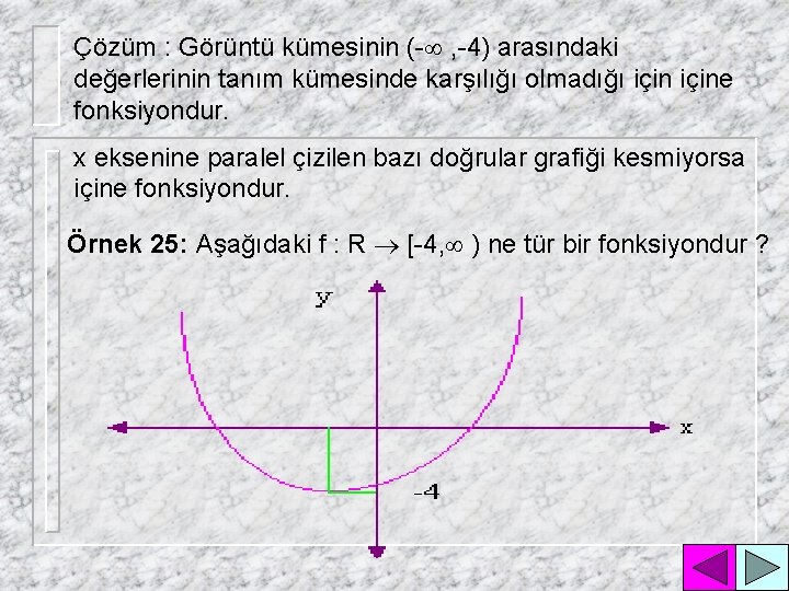 Çözüm : Görüntü kümesinin (-¥ , -4) arasındaki değerlerinin tanım kümesinde karşılığı olmadığı içine