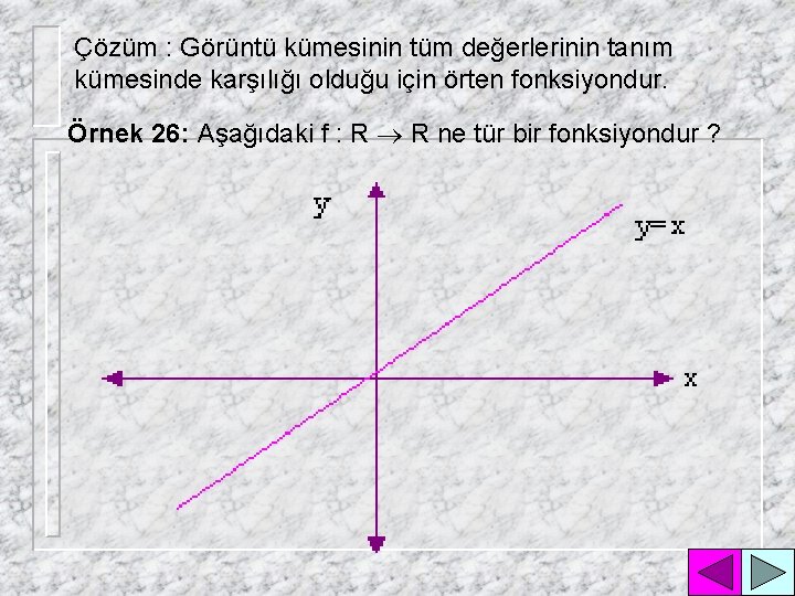 Çözüm : Görüntü kümesinin tüm değerlerinin tanım kümesinde karşılığı olduğu için örten fonksiyondur. Örnek