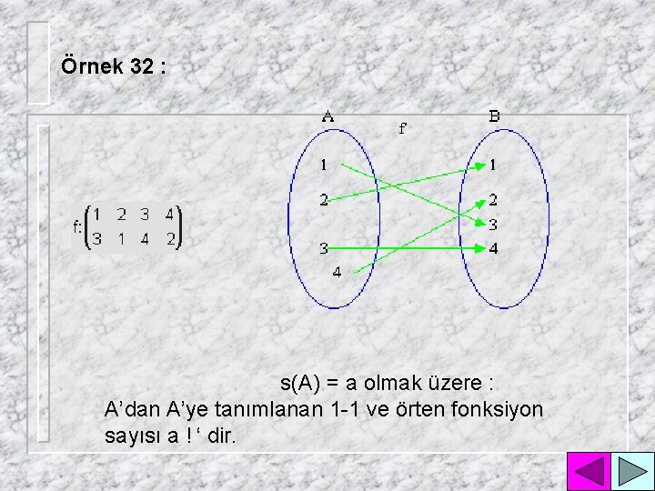 Örnek 32 : s(A) = a olmak üzere : A’dan A’ye tanımlanan 1 -1