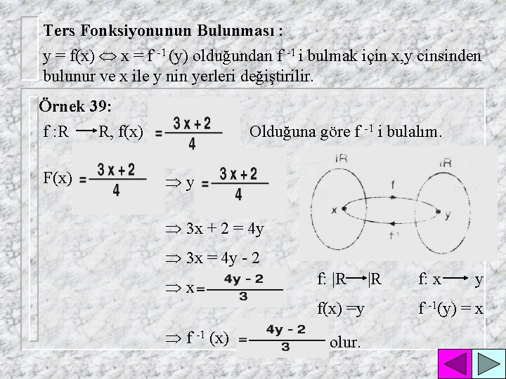 Ters Fonksiyonunun Bulunması : y = f(x) x = f -1 (y) olduğundan f