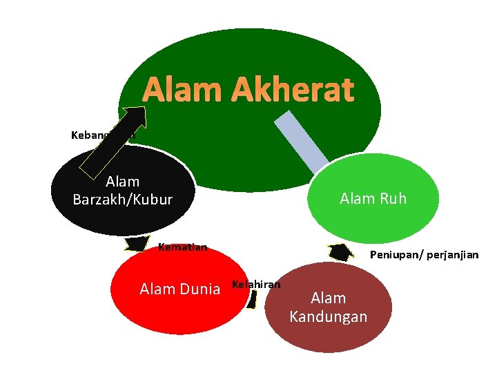 Alam Akherat Kebangkitan Alam Barzakh/Kubur Alam Ruh Kematian Alam Dunia Peniupan/ perjanjian Kelahiran Alam