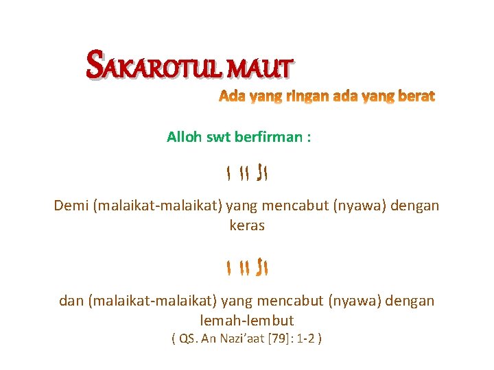 SAKAROTUL MAUT Alloh swt berfirman : ﺍﻟ ﺍﺍ ﺍ Demi (malaikat-malaikat) yang mencabut (nyawa)