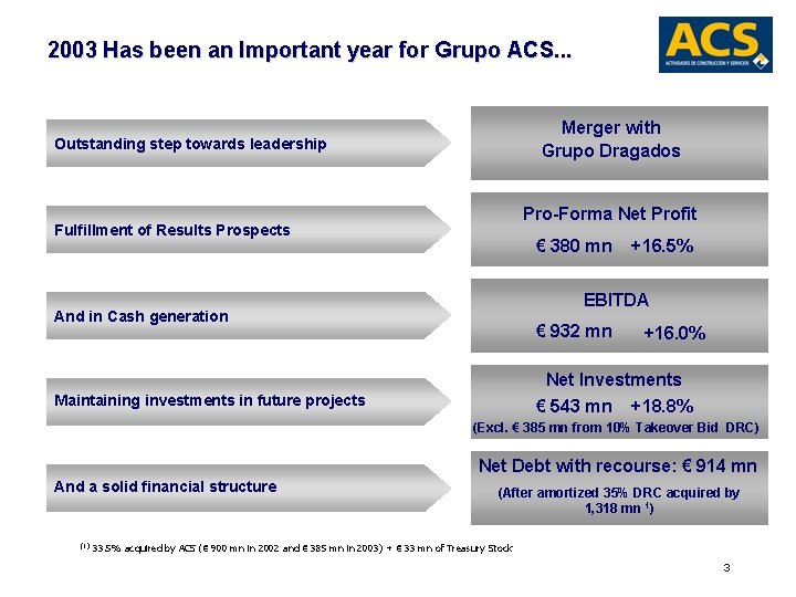 2003 Has been an Important year for Grupo ACS. . . Merger with Grupo
