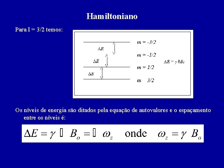 Hamiltoniano Para I = 3/2 temos: Os níveis de energia são ditados pela equação