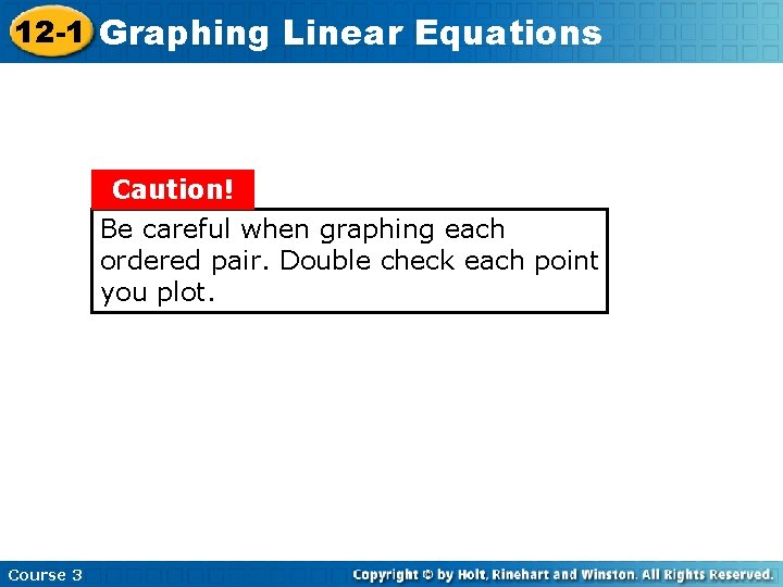 12 -1 Graphing Insert Lesson Title Here Linear Equations Caution! Be careful when graphing