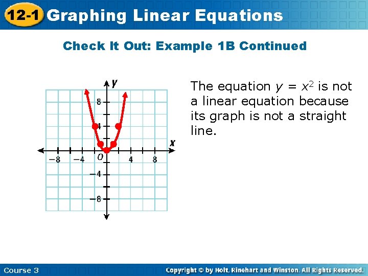 12 -1 Graphing Linear Equations Check It Out: Example 1 B Continued The equation