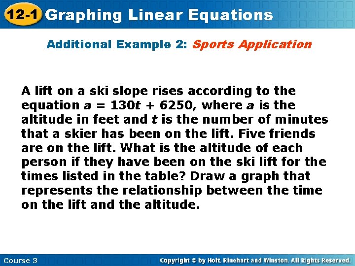 12 -1 Graphing Linear Equations Additional Example 2: Sports Application A lift on a